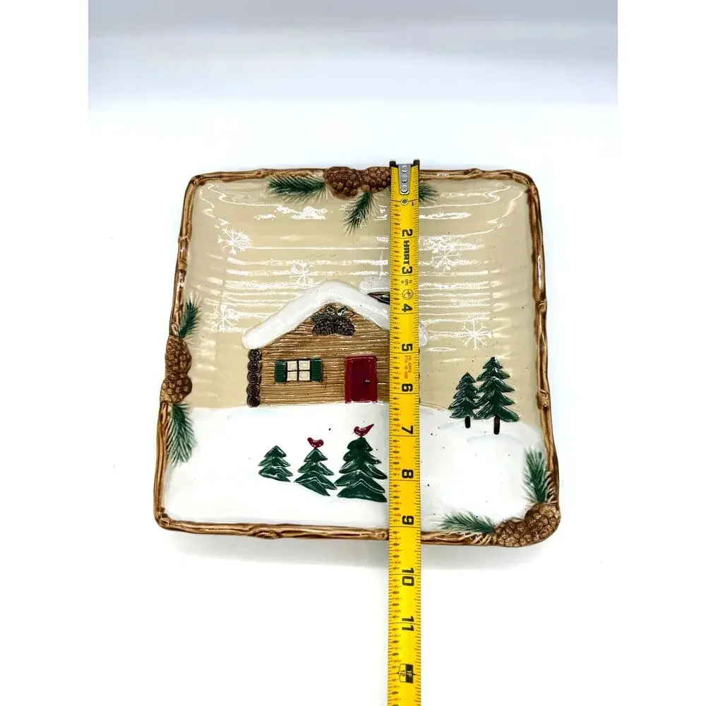 St. Nicholas Square Heartland Square Winter Log Cabin Salad Plate 9,25
